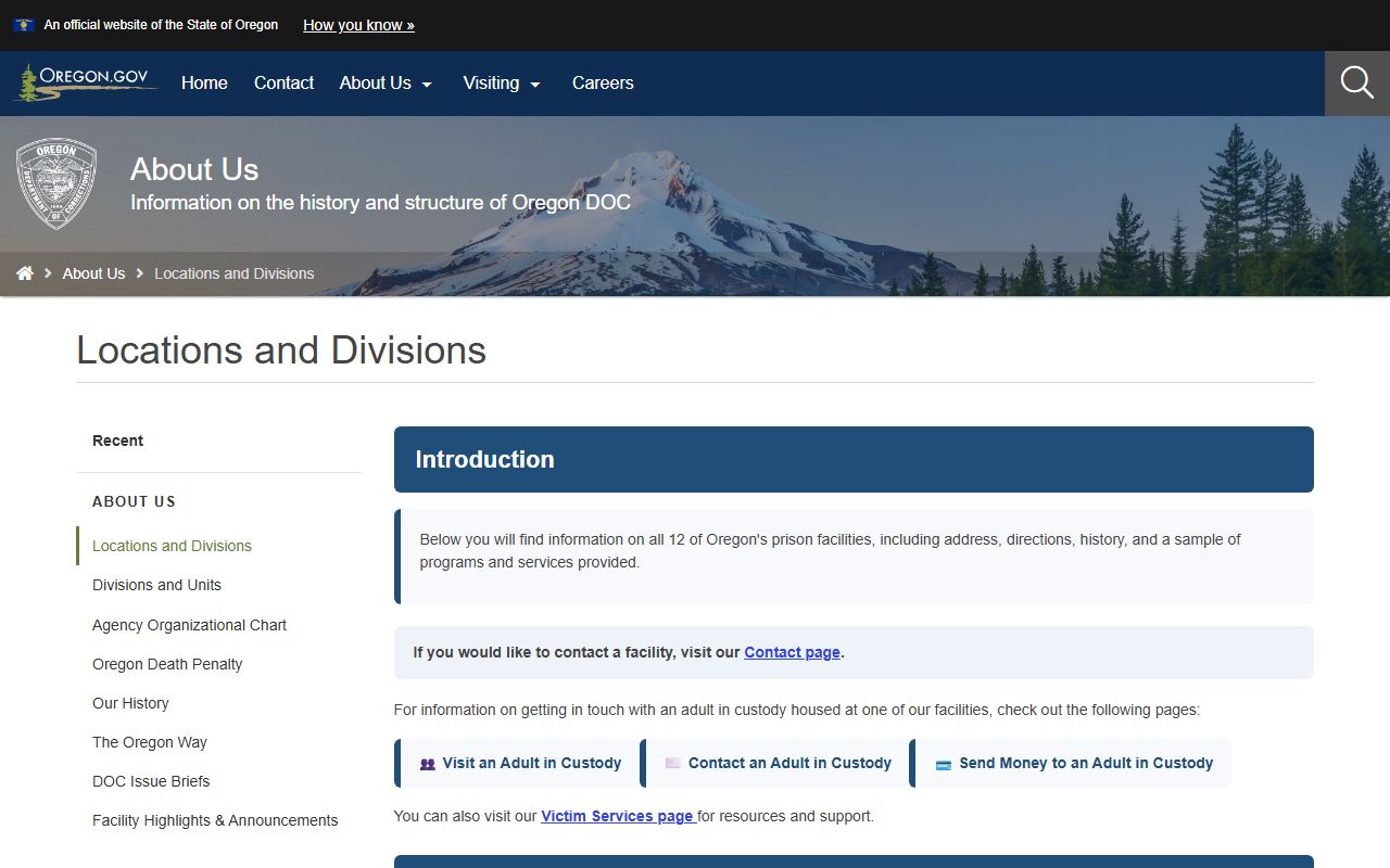 Oregon Department of Corrections institutions page showing state prison locations