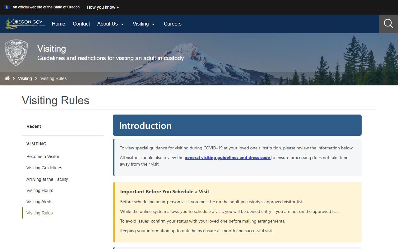 Oregon Department of Corrections visiting rules page