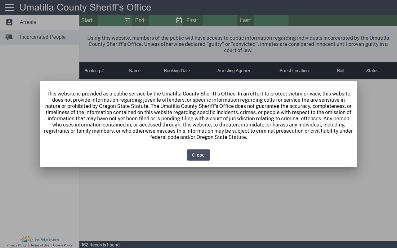 Umatilla County jail mugshots roster interface with photos disabled